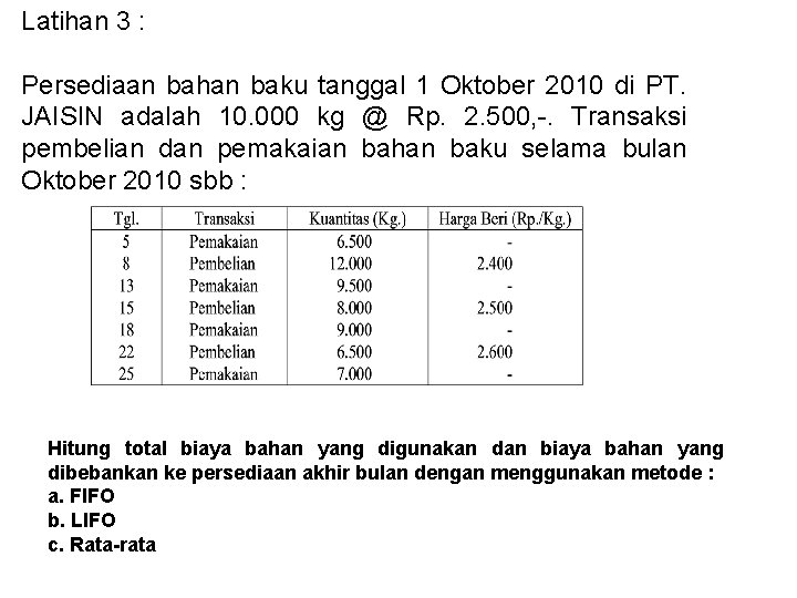 Latihan 3 : Persediaan bahan baku tanggal 1 Oktober 2010 di PT. JAISIN adalah