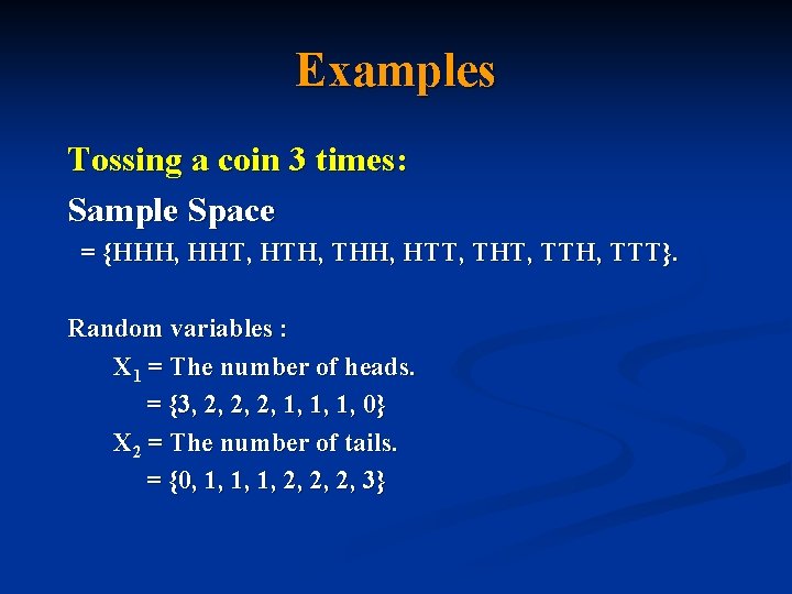 Examples Tossing a coin 3 times: Sample Space = {HHH, HHT, HTH, THH, HTT,