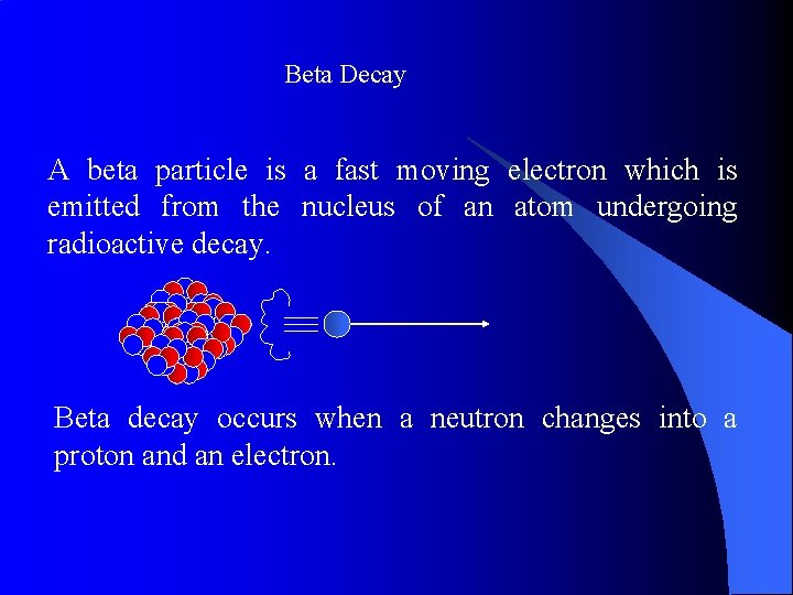 Beta Decay A beta particle is a fast moving electron which is emitted from