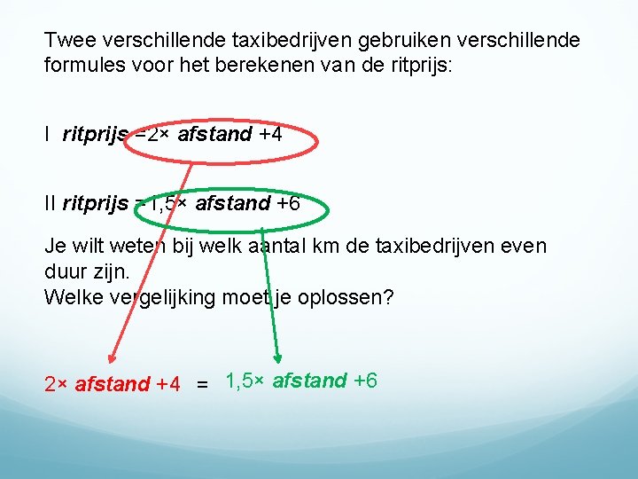 Twee verschillende taxibedrijven gebruiken verschillende formules voor het berekenen van de ritprijs: I ritprijs