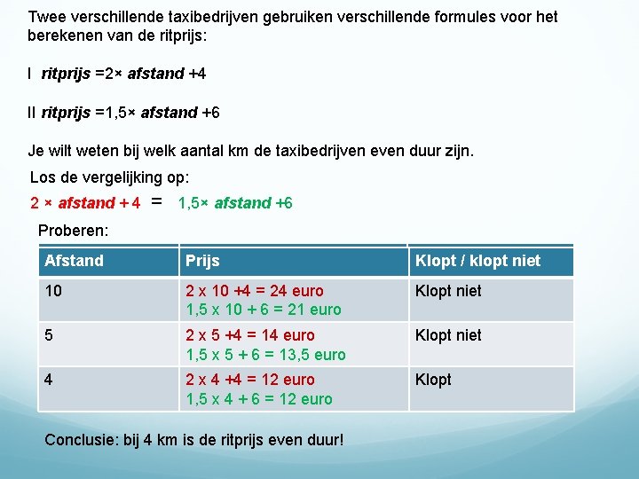 Twee verschillende taxibedrijven gebruiken verschillende formules voor het berekenen van de ritprijs: I ritprijs