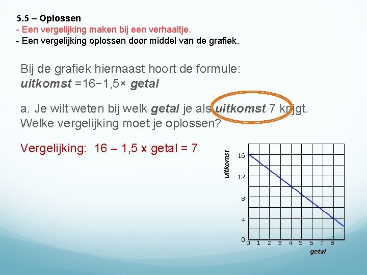 5. 5 – Oplossen - Een vergelijking maken bij een verhaaltje. - Een vergelijking