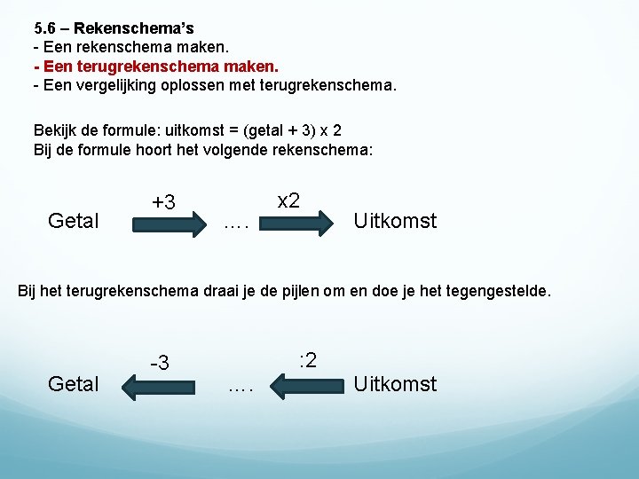 5. 6 – Rekenschema’s - Een rekenschema maken. - Een terugrekenschema maken. - Een