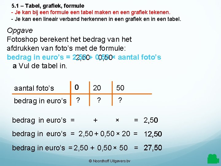 5. 1 – Tabel, grafiek, formule - Je kan bij een formule een tabel