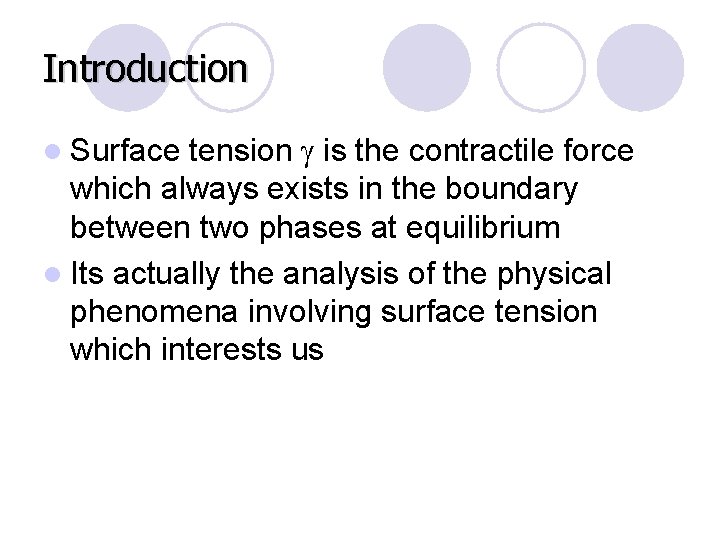 Introduction tension is the contractile force which always exists in the boundary between two