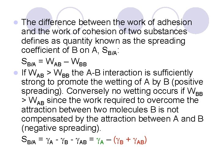 The difference between the work of adhesion and the work of cohesion of two