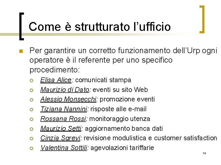 Come è strutturato l’ufficio n Per garantire un corretto funzionamento dell’Urp ogni operatore è