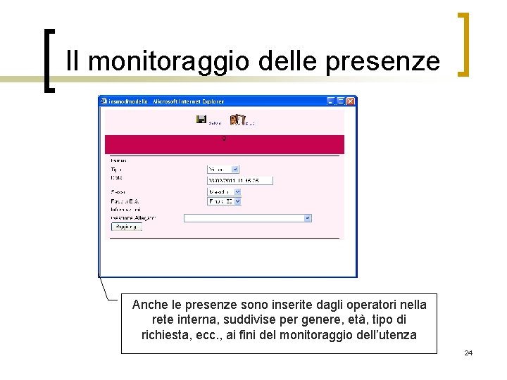 Il monitoraggio delle presenze Anche le presenze sono inserite dagli operatori nella rete interna,