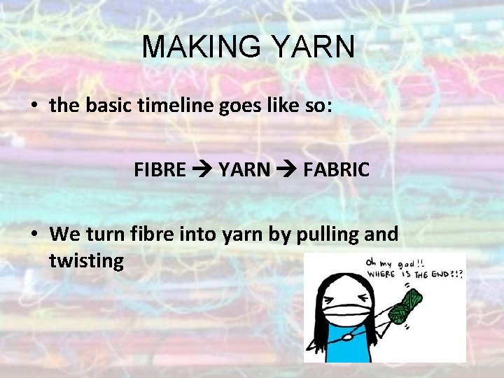 MAKING YARN • the basic timeline goes like so: FIBRE YARN FABRIC • We