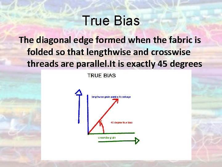 True Bias The diagonal edge formed when the fabric is folded so that lengthwise
