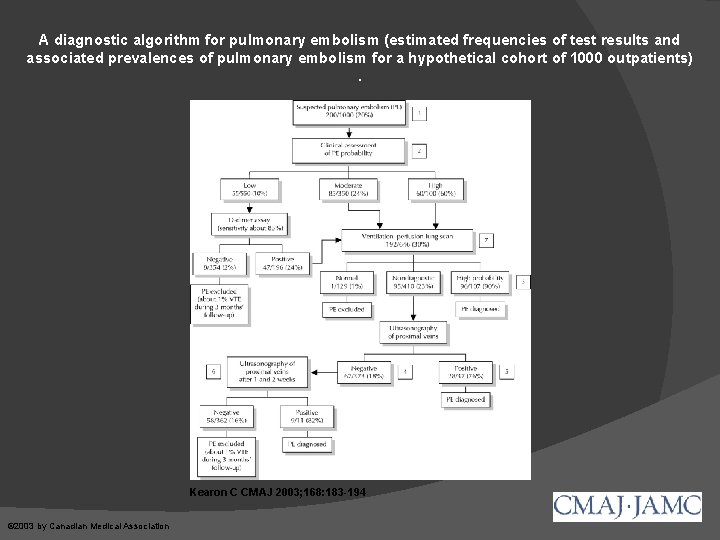 A diagnostic algorithm for pulmonary embolism (estimated frequencies of test results and associated prevalences