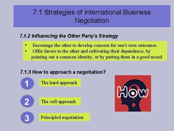 7. 1 Strategies of International Business Negotiation 7. 1. 2 Influencing the Other Party's