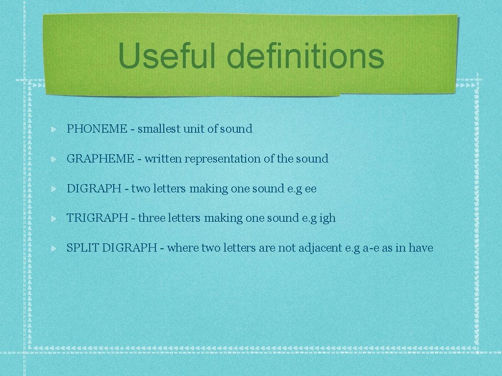 Useful definitions PHONEME - smallest unit of sound GRAPHEME - written representation of the