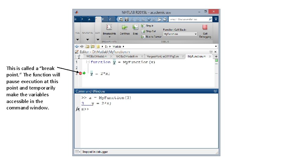 This is called a “break point. ” The function will pause execution at this This is called a “break point. ” The function will pause execution at this