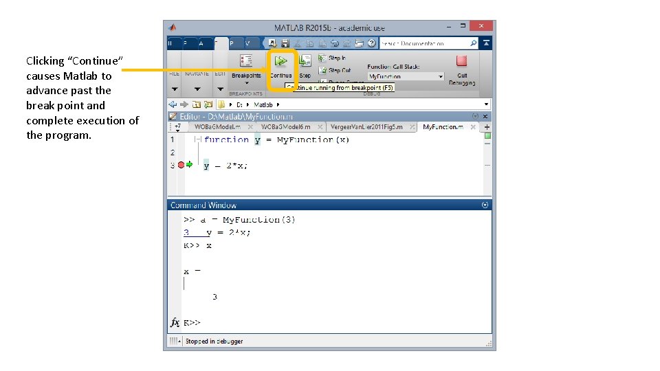 Clicking “Continue” causes Matlab to advance past the break point and complete execution of Clicking “Continue” causes Matlab to advance past the break point and complete execution of