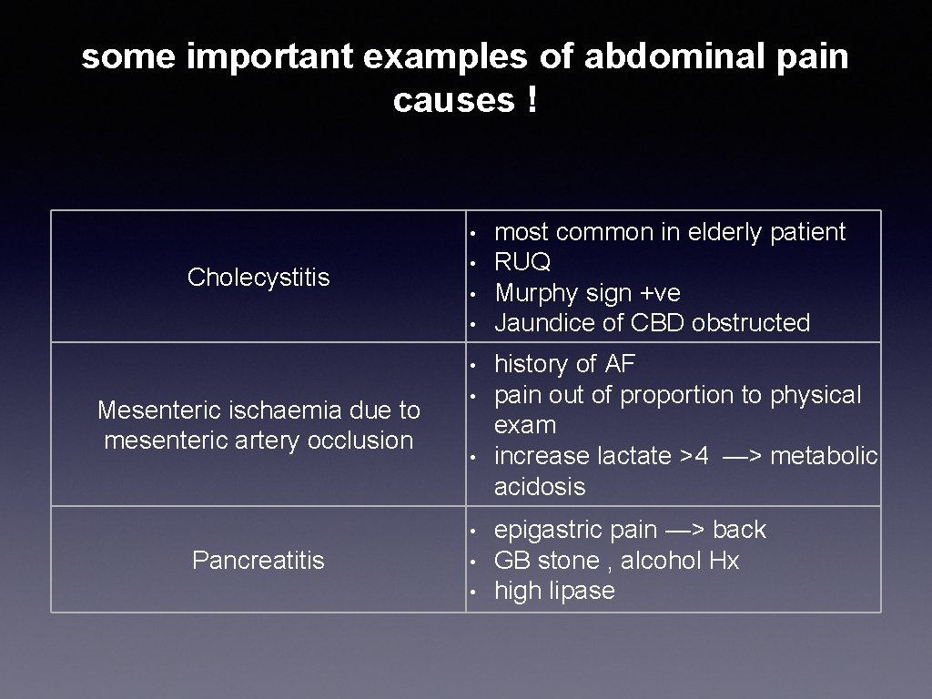 some important examples of abdominal pain causes ! • Cholecystitis • • Mesenteric ischaemia