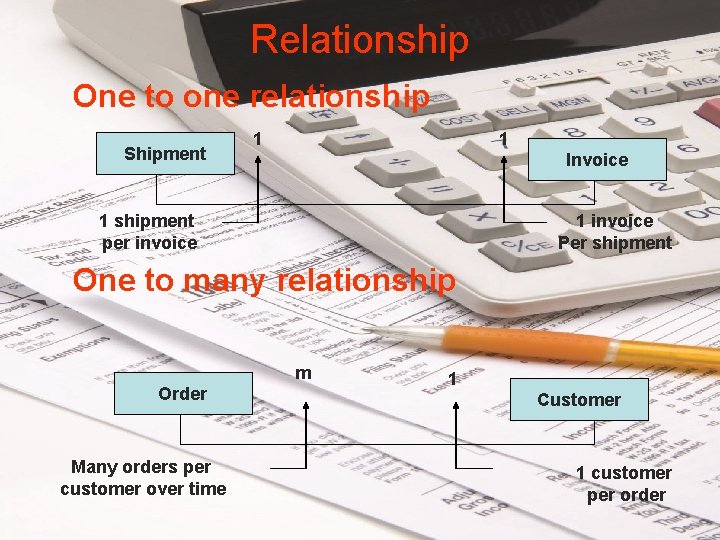 Relationship One to one relationship Shipment 1 1 Invoice 1 shipment per invoice 1