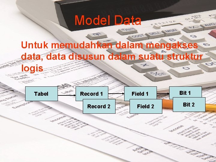 Model Data Untuk memudahkan dalam mengakses data, data disusun dalam suatu struktur logis Tabel