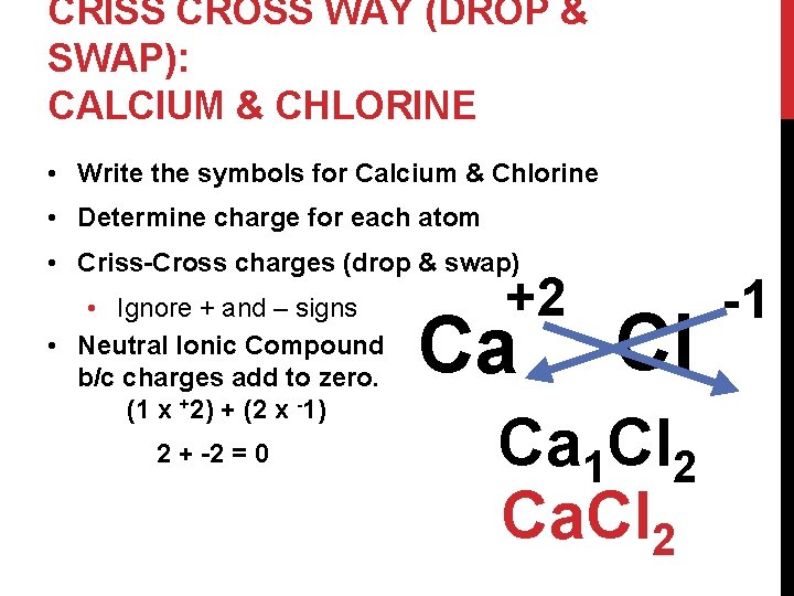 CRISS CROSS WAY (DROP & SWAP): CALCIUM & CHLORINE • Write the symbols for