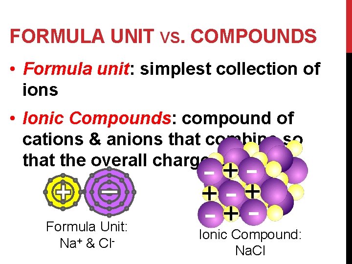 FORMULA UNIT VS. COMPOUNDS • Formula unit: simplest collection of ions • Ionic Compounds: