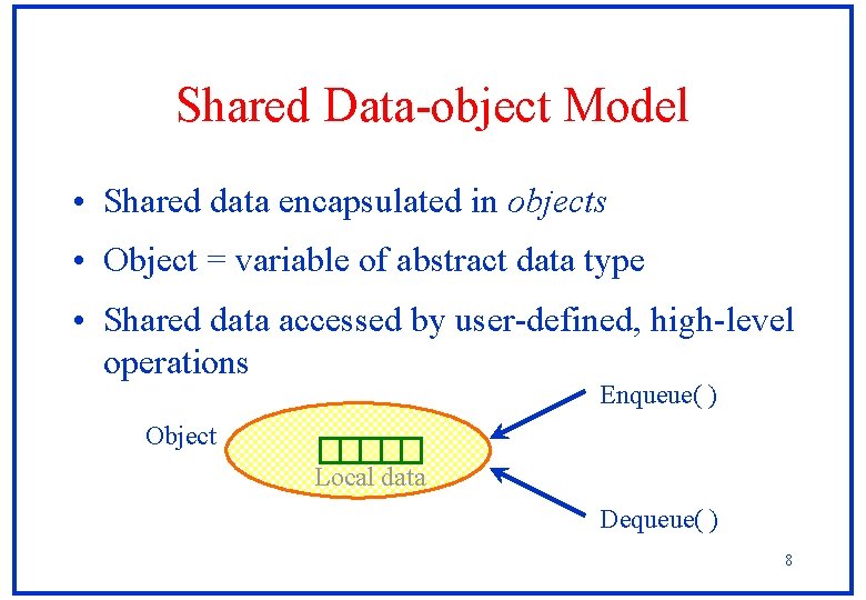 Shared Data-object Model • Shared data encapsulated in objects • Object = variable of Shared Data-object Model • Shared data encapsulated in objects • Object = variable of