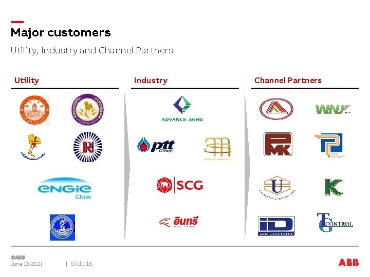 Major customers Utility, Industry and Channel Partners Utility June 13, 2021 Industry Slide 16