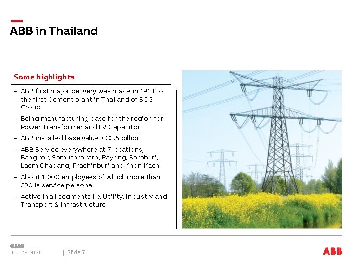 ABB in Thailand Some highlights – ABB first major delivery was made in 1913