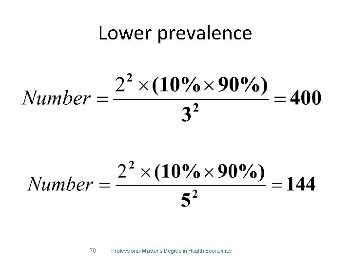 Lower prevalence 70 Professional Master's Degree in Health Economics 