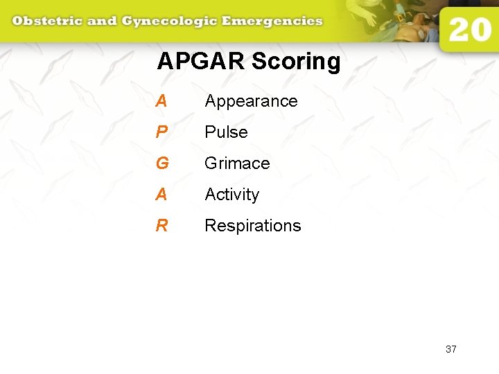APGAR Scoring A Appearance P Pulse G Grimace A Activity R Respirations 37 