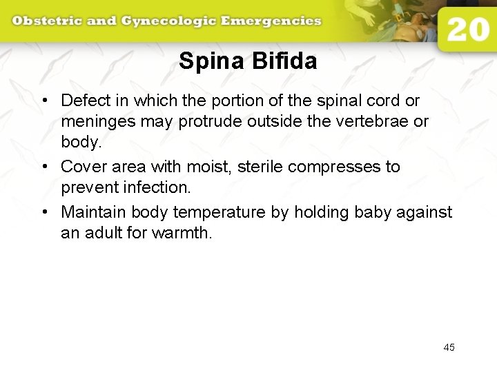Spina Bifida • Defect in which the portion of the spinal cord or meninges
