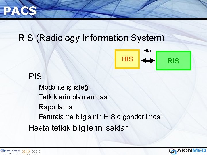 PACS RIS (Radiology Information System) HL 7 HIS RIS: Modalite iş isteği Tetkiklerin planlanması