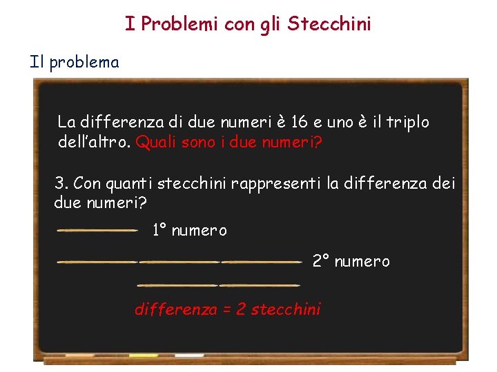 I Problemi con gli Stecchini Il problema La differenza di due numeri è 16