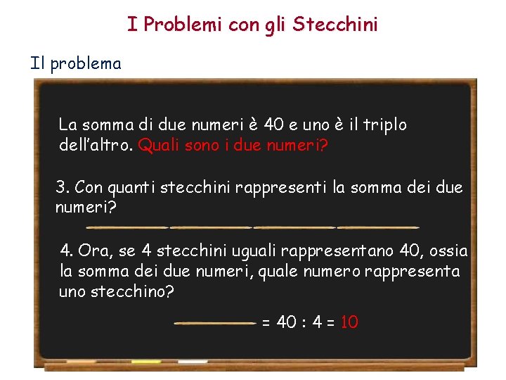 I Problemi con gli Stecchini Il problema La somma di due numeri è 40