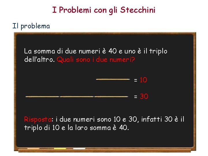 I Problemi con gli Stecchini Il problema La somma di due numeri è 40