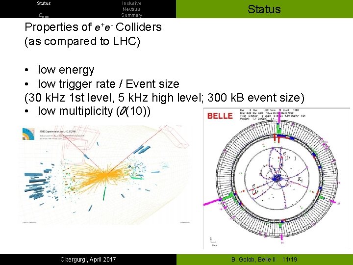 Status Inclusive Neutrals Summary Emiss Status Properties of e+e- Colliders (as compared to LHC)