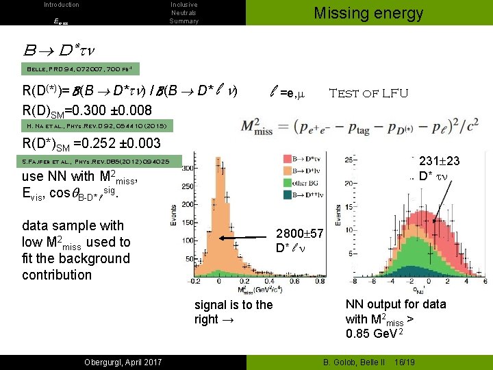 Introduction Inclusive Neutrals Summary Emiss Missing energy B D*tn Belle, PRD 94, 072007, 700