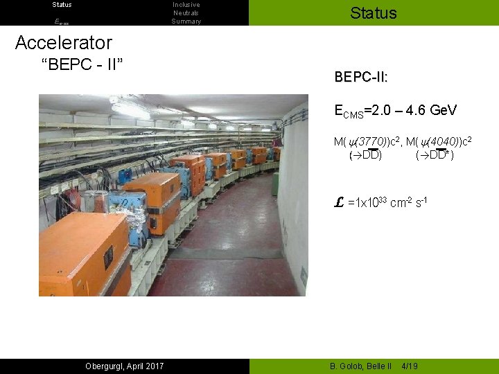 Status Inclusive Neutrals Summary Emiss Status Accelerator “BEPC - II” BEPC-II: ECMS=2. 0 –