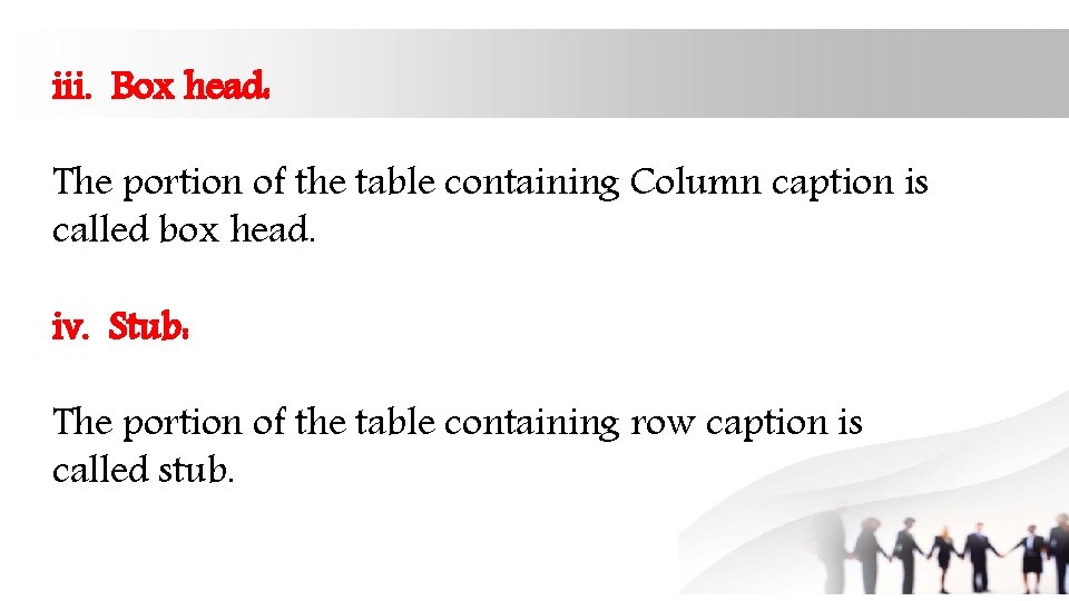 iii. Box head: The portion of the table containing Column caption is called box