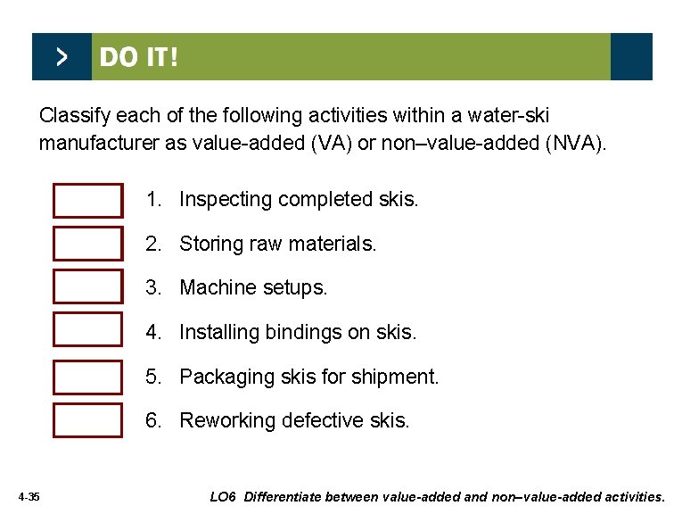 Classify each of the following activities within a water-ski manufacturer as value-added (VA) or