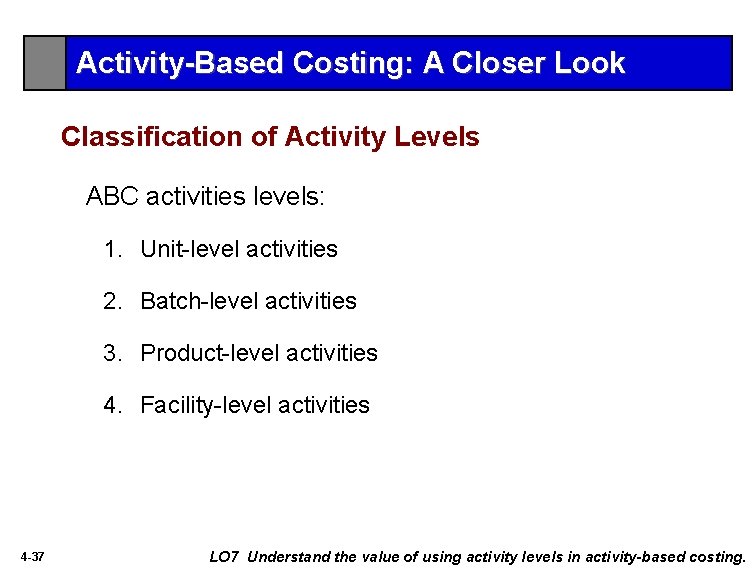 Activity-Based Costing: A Closer Look Classification of Activity Levels ABC activities levels: 1. Unit-level