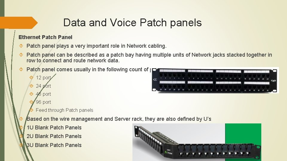 Data and Voice Patch panels Ethernet Patch Panel Patch panel plays a very important