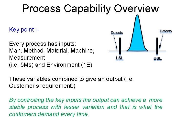 Process Capability Overview Key point : Every process has inputs: Man, Method, Material, Machine,