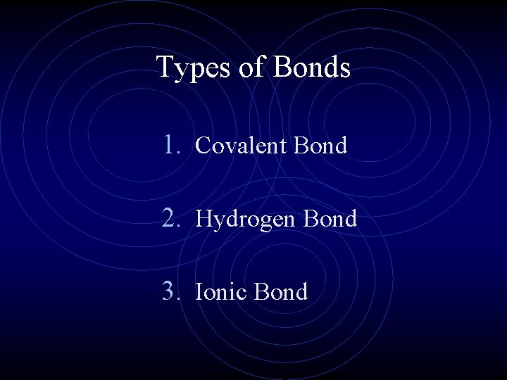 Types of Bonds 1. Covalent Bond 2. Hydrogen Bond 3. Ionic Bond 