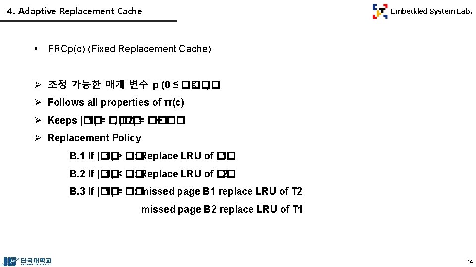 4. Adaptive Replacement Cache Embedded System Lab. • FRCp(c) (Fixed Replacement Cache) Ø 조정