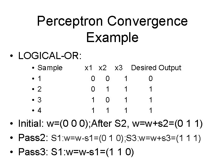 Perceptron Convergence Example • LOGICAL-OR: • • • Sample 1 2 3 4 x