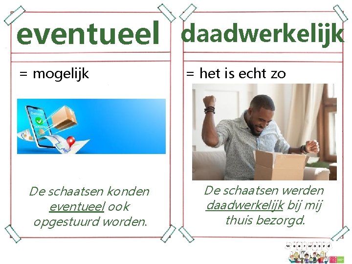 eventueel = mogelijk De schaatsen konden eventueel ook opgestuurd worden. daadwerkelijk = het is