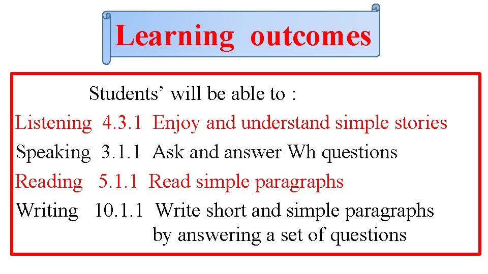 Learning outcomes Students’ will be able to : Listening 4. 3. 1 Enjoy and