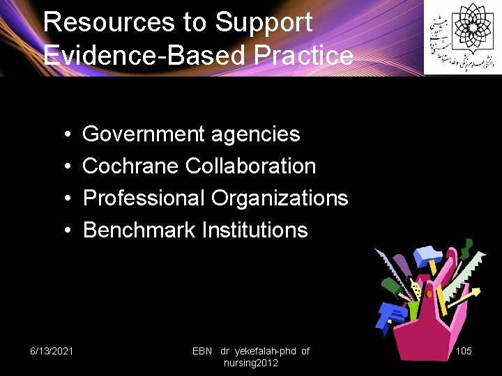 Resources to Support Evidence-Based Practice • • 6/13/2021 Government agencies Cochrane Collaboration Professional Organizations