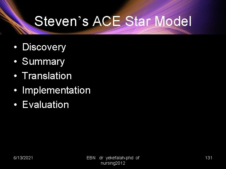 Steven’s ACE Star Model • • • Discovery Summary Translation Implementation Evaluation 6/13/2021 EBN