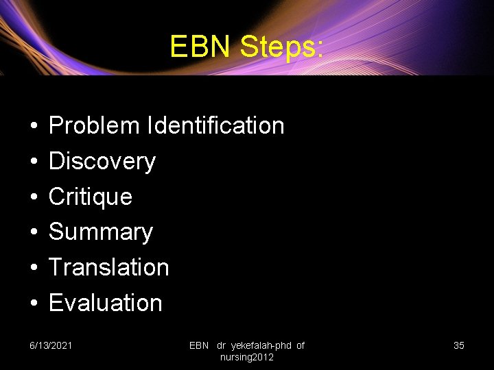 EBN Steps: • • • Problem Identification Discovery Critique Summary Translation Evaluation 6/13/2021 EBN